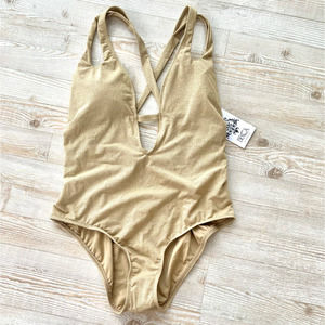 New Becca Swim Deep V One Piece Swimsuit | Gold Sparkle Size XL